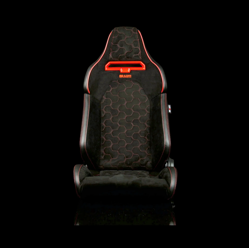 Braum VIPER-X Series Sport Reclinable Seats | Black Alcantara | Honeycomb Red Stitching | Red Grommets (Priced Per Pair)