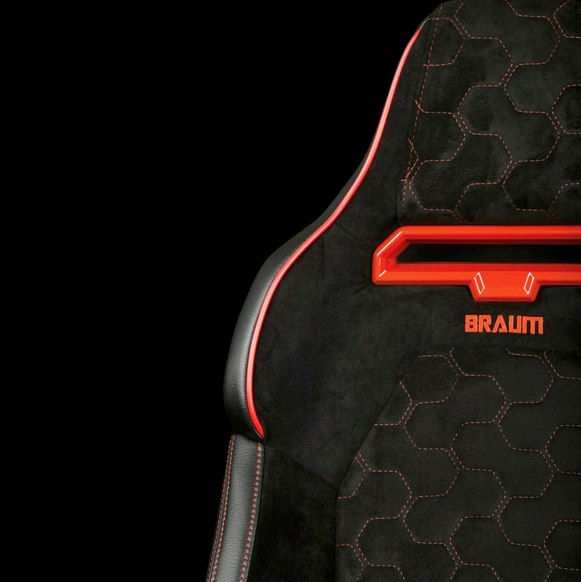Braum VIPER-X Series Sport Reclinable Seats | Black Alcantara | Honeycomb Red Stitching | Red Grommets (Priced Per Pair)