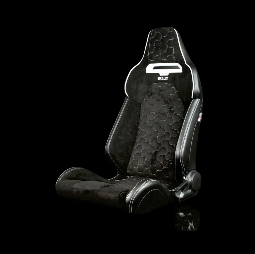 Braum VIPER-X Series Sport Reclinable Seats | Black Alcantara | Honeycomb White Stitching | White Grommets (Priced Per Pair)