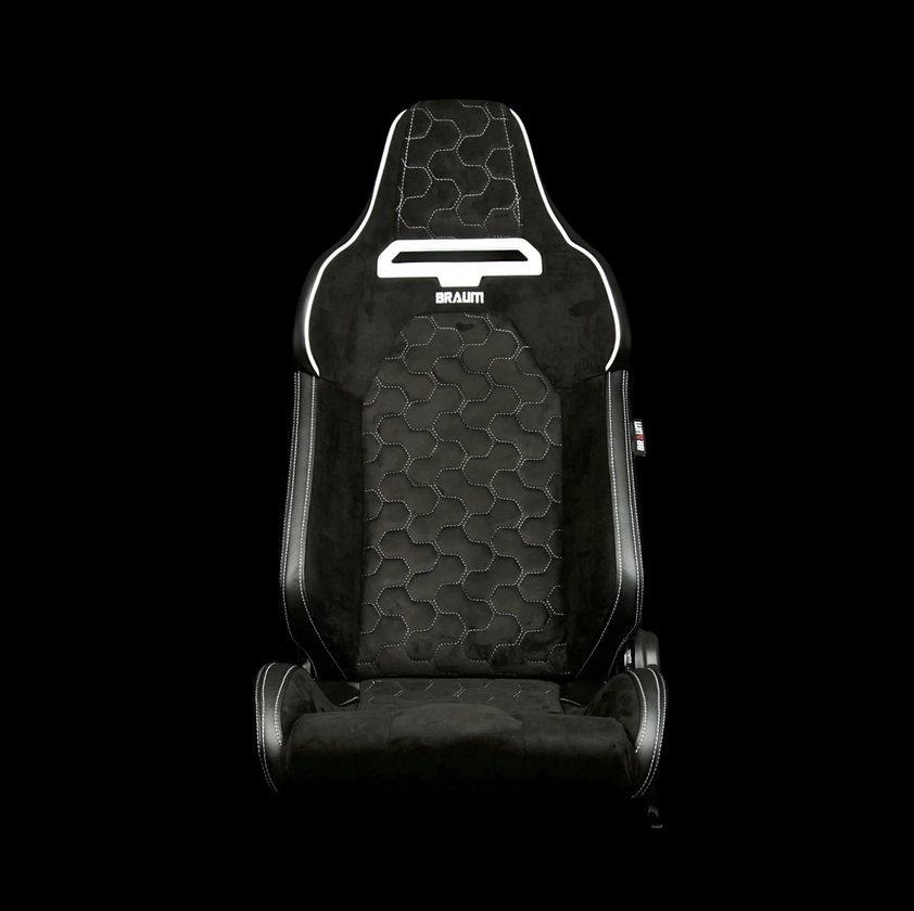 Braum VIPER-X Series Sport Reclinable Seats | Black Alcantara | Honeycomb White Stitching | White Grommets (Priced Per Pair)