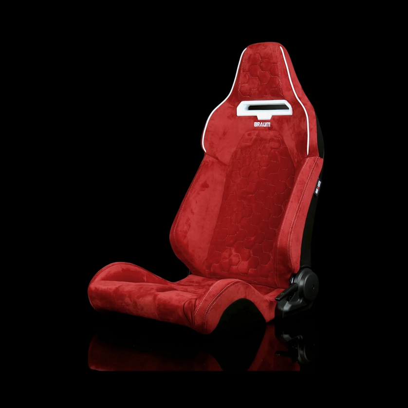 Braum VIPER-X Series Sport Reclinable Seats | Red Alcantara | Honeycomb White Stitching | White Grommets (Priced Per Pair)