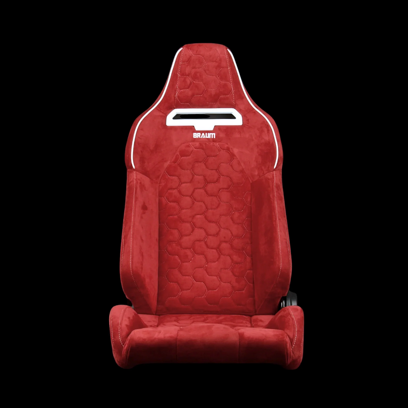 Braum VIPER-X Series Sport Reclinable Seats | Red Alcantara | Honeycomb White Stitching | White Grommets (Priced Per Pair)