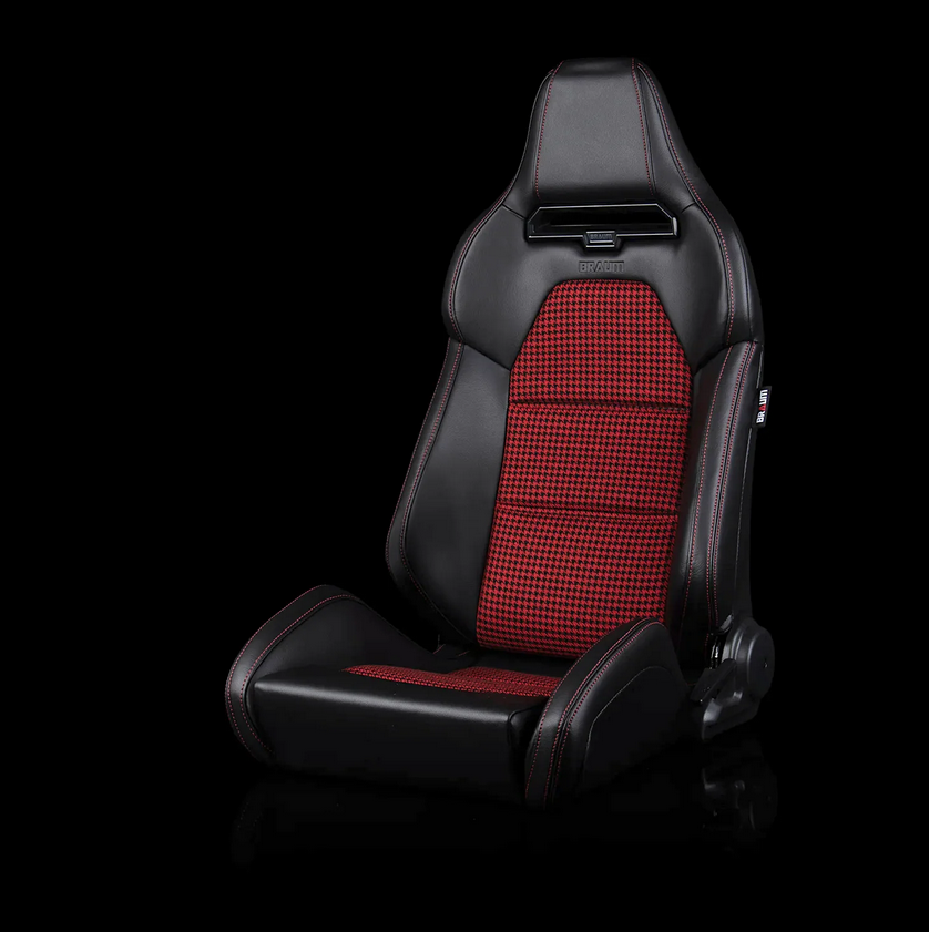 Braum VIPER-X Series Sport Reclinable Seats | Black Leatherette | Red Houndstooth Fabric (Priced Per Pair)