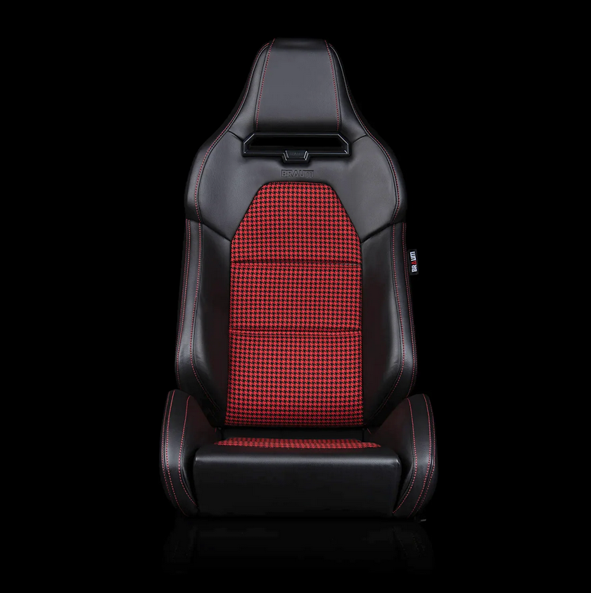 Braum VIPER-X Series Sport Reclinable Seats | Black Leatherette | Red Houndstooth Fabric (Priced Per Pair)