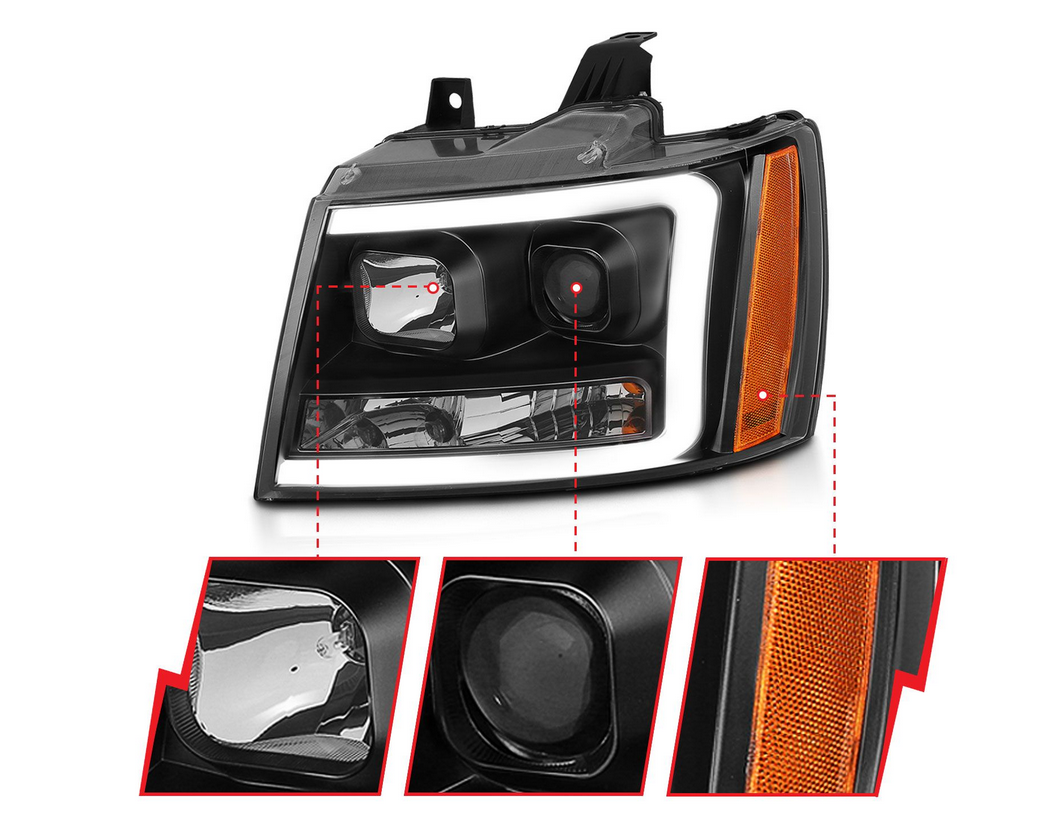 2007-2014 Chevy Tahoe/ Suburban / 2007-2013 Avalanche Projector Plank Style Switchback Headlights Black
