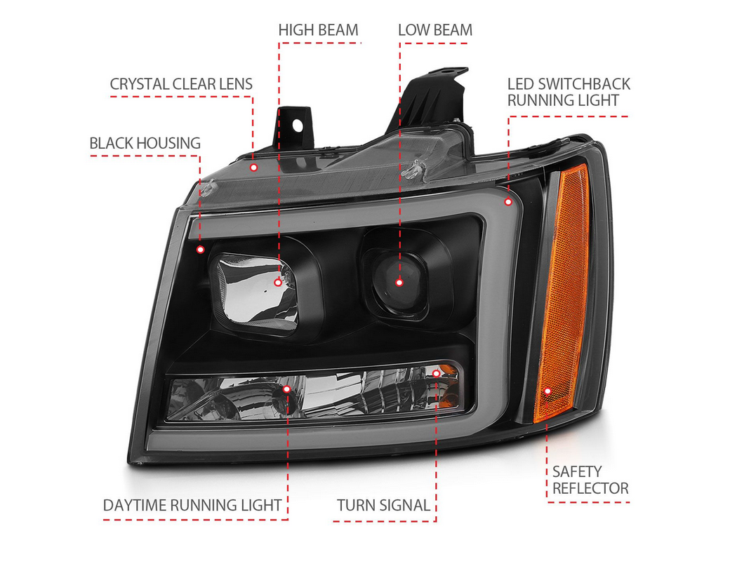 2007-2014 Chevy Tahoe/ Suburban / 2007-2013 Avalanche Projector Plank Style Switchback Headlights Black