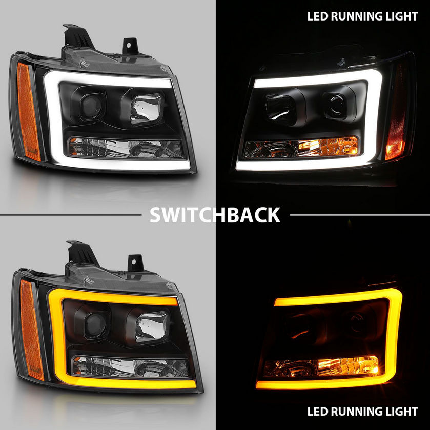 2007-2014 Chevy Tahoe/ Suburban / 2007-2013 Avalanche Projector Plank Style Switchback Headlights Black