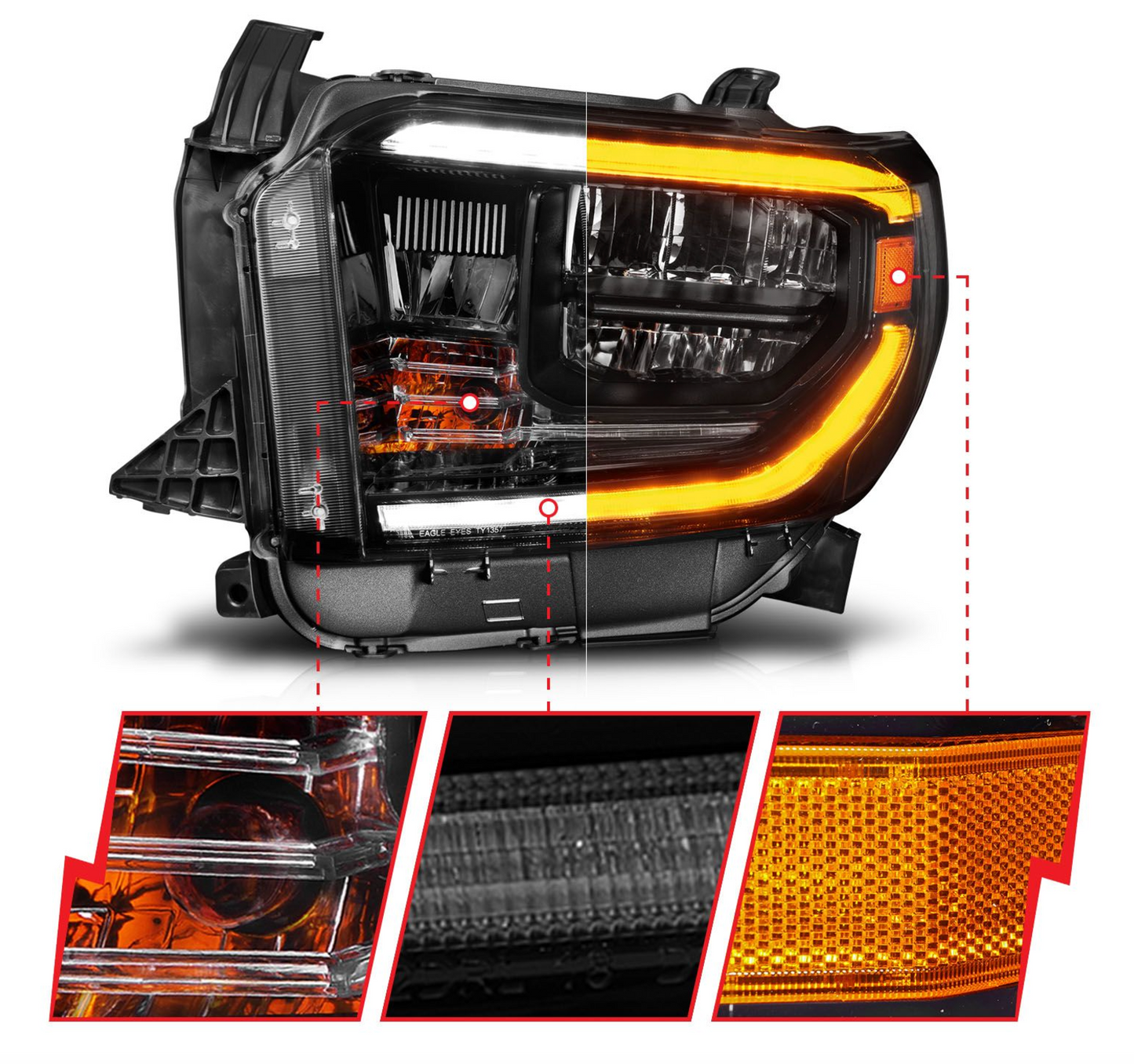 Anzo 2014-2021 Toyota Tundra LED Crystal Switchback Plank Style Headlights Black (LED High/Low Beam) (For OEM Halogen Model W/ Halogen DRL)