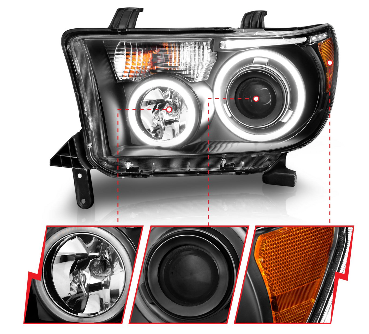 Anzo 2007-2013 Toyota Tundra / 2008-2017 Sequoia Projector Headlights Black W/ RX Halo & LED Bar