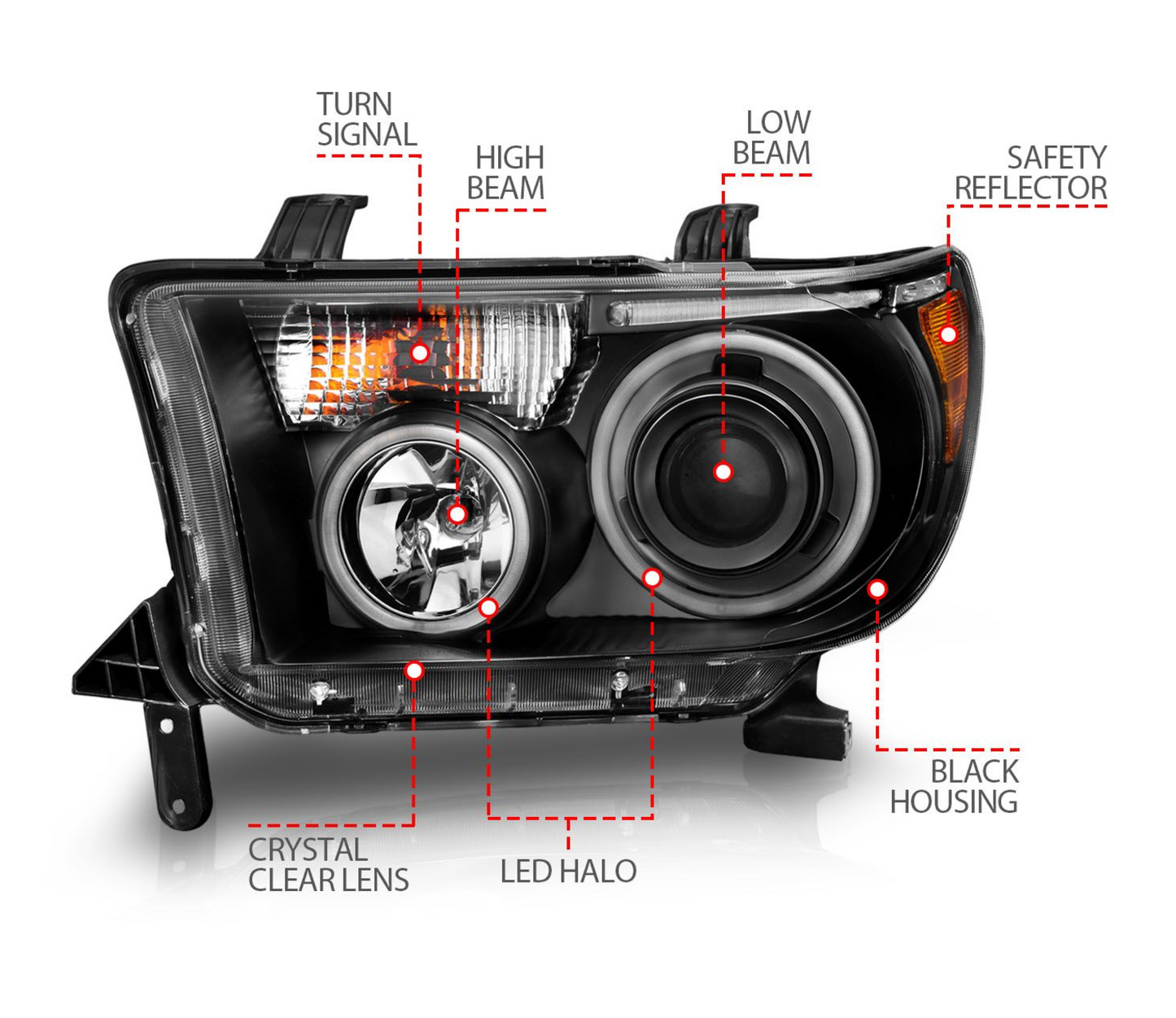 Anzo 2007-2013 Toyota Tundra / 2008-2017 Sequoia Projector Headlights Black W/ RX Halo & LED Bar