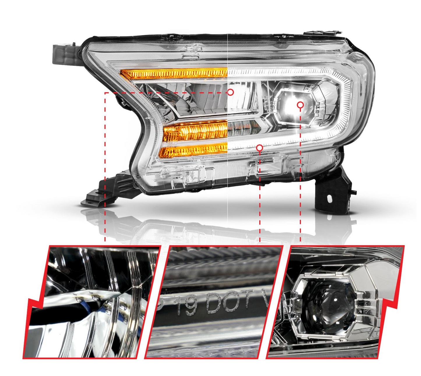 Anzo 2019-2023 Ford Ranger Full Led Projector Headlights Chrome w/ Initiation & Sequential (For Factory Halogen Model)