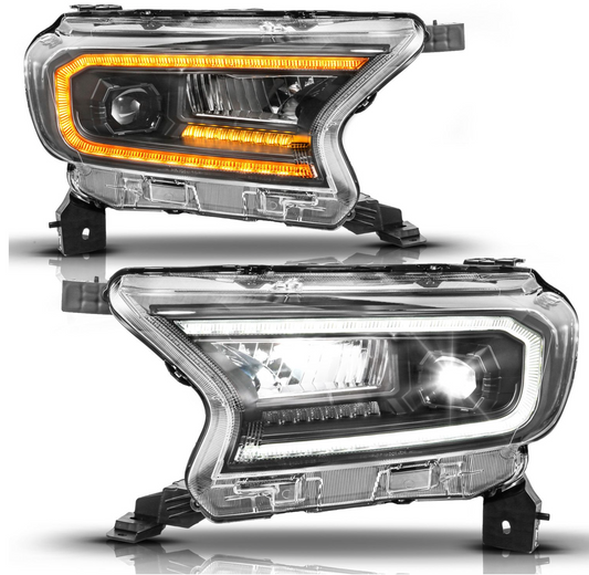 Anzo 2019-2023 Ford Ranger Full Led Projector Headlights Black w/ Initiation & Sequential (For Factory Halogen Model)