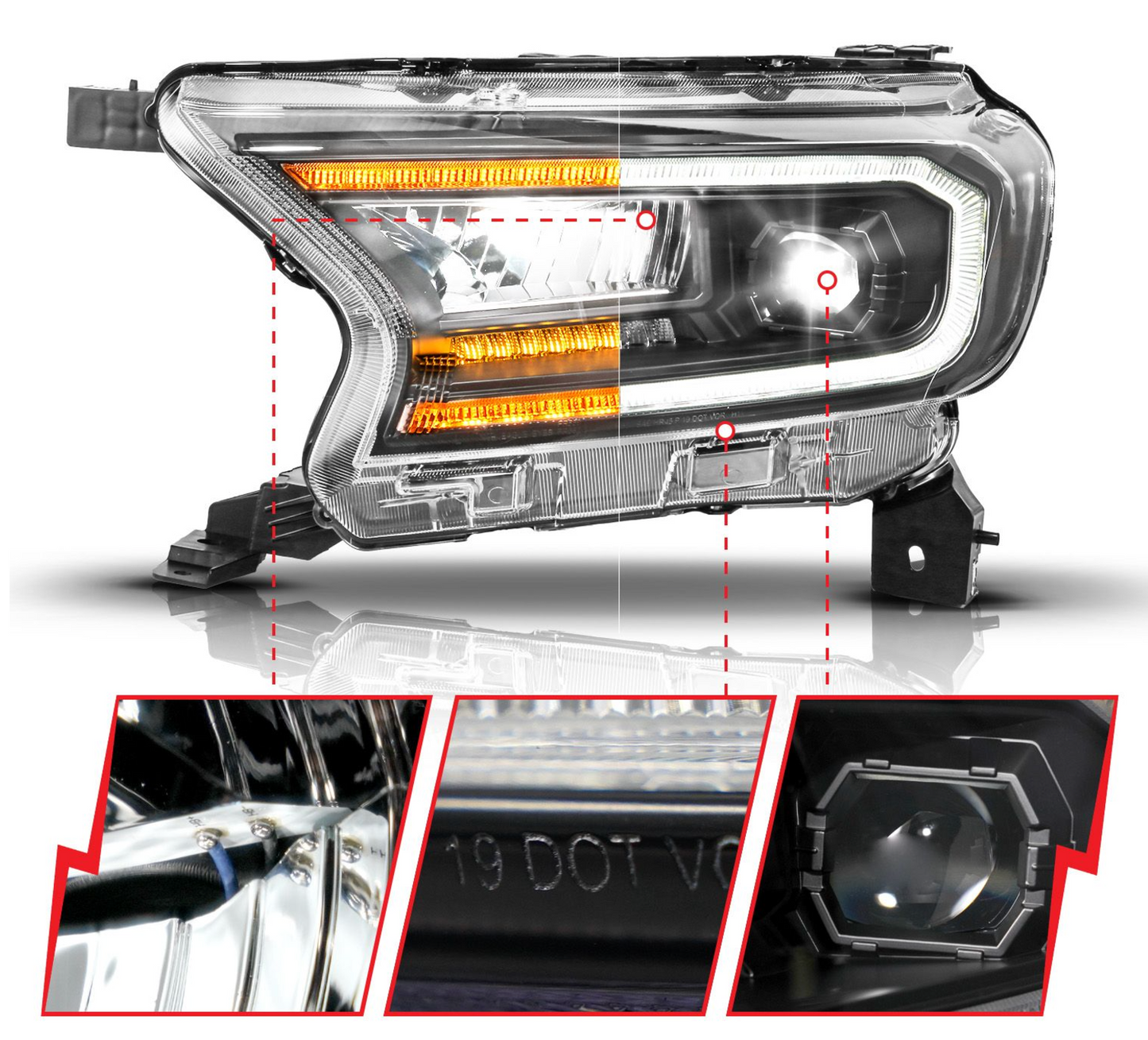 Anzo 2019-2023 Ford Ranger Full Led Projector Headlights Black w/ Initiation & Sequential (For Factory Halogen Model)