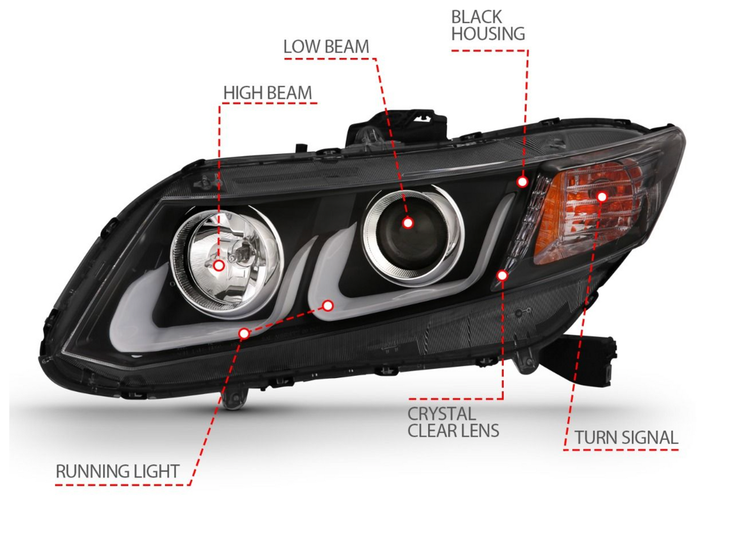 Anzo 2012-2013 Honda Civic 2 DR / 2012-2015 4 DR Projector Headlights U-Bar Black Clear