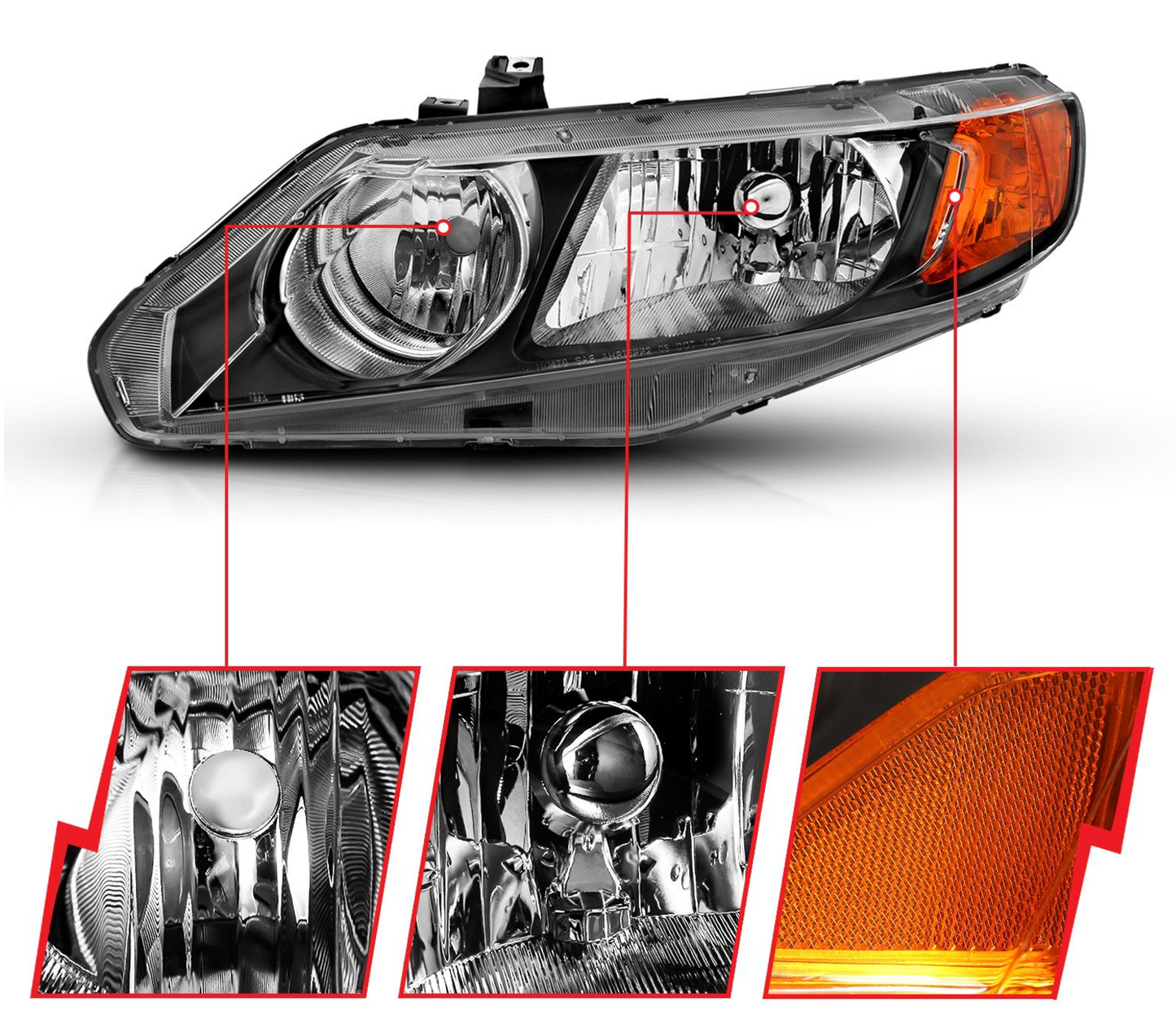 Anzo 2006-2011 Honda Civic Crystal Headlights 4DR Black (OE Type Replacement)