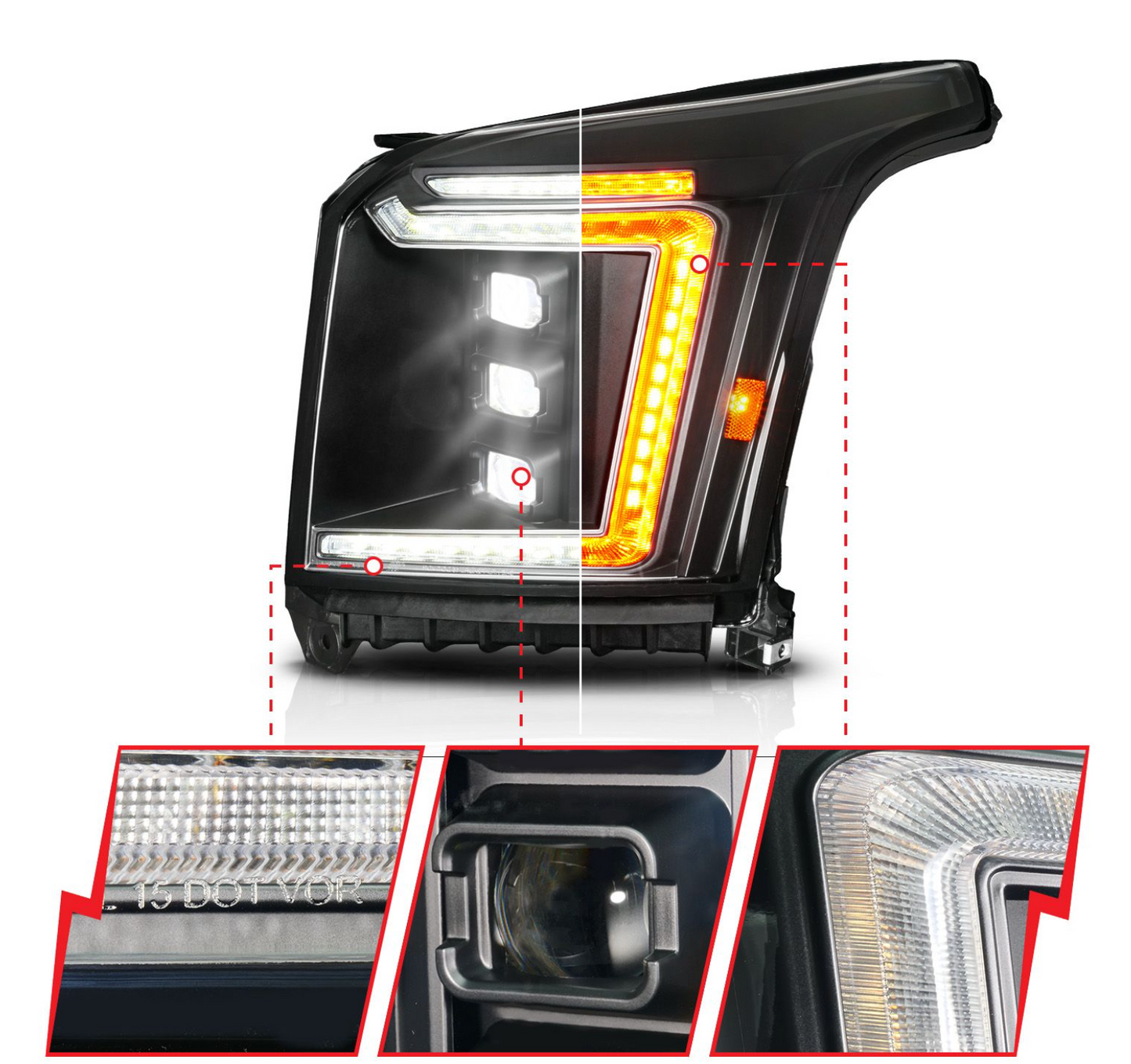 Anzo 2015-2020 GMC Yukon/Yukon XL Full LED Projector Headlights Black W/ DRL, Initiation & Sequential (Factory HalogenModels Only)