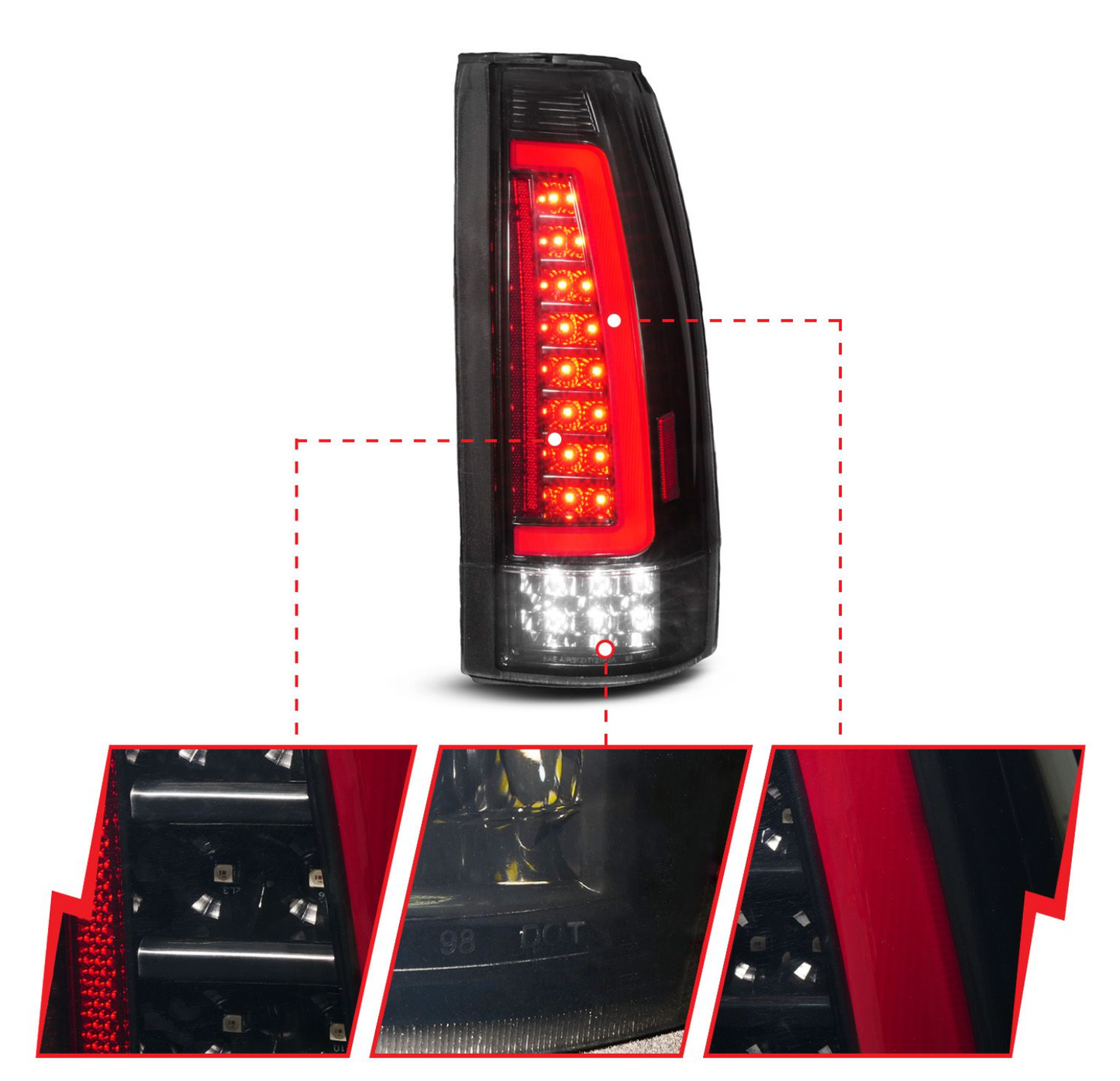 Anzo 1988-1998 Chevy/GMC C/K 1500/2500 / 1988-2000 C/K 3500 / 1992-1999 Suburban / 1995-1999 Tahoe / 1992-1994 Blazer (Full Size) / 1992-1999 Yukon / 1999-2000 Cadillac Escalade LED Tail Lights Black Housing Clear Lens (Sequential Signal)