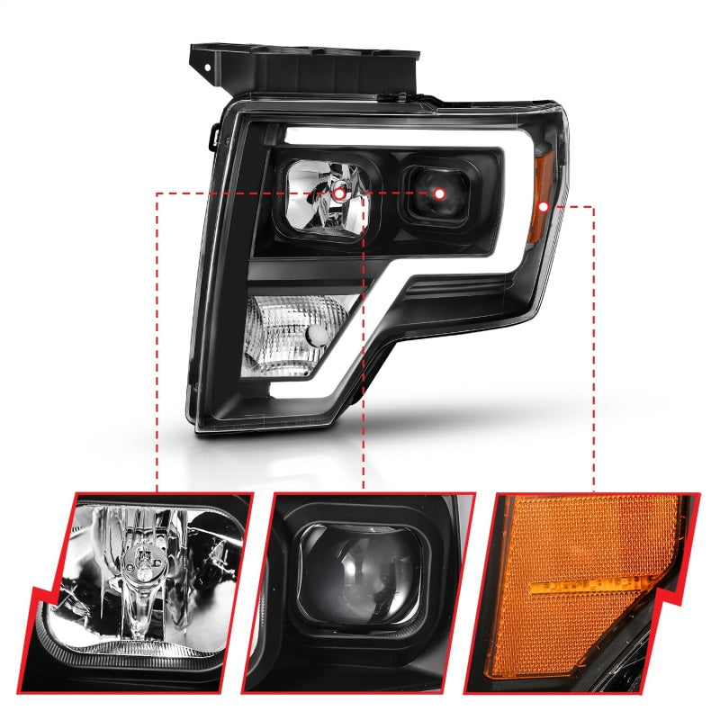 2009-2014 FORD F-150 PROJECTOR PLANK STYLE HEADLIGHTS BLACK (FOR HALOGEN MODELS ONLY)