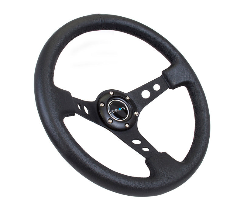 NRG ST-006 Series Steering Wheel (3" Deep) Black Leather, Black 3 Spoke (350mm)