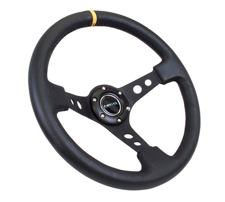 NRG ST-006 Series Steering Wheel (3" Deep) Black Leather, Black 3 Spoke, Yellow Center Marking (350mm)