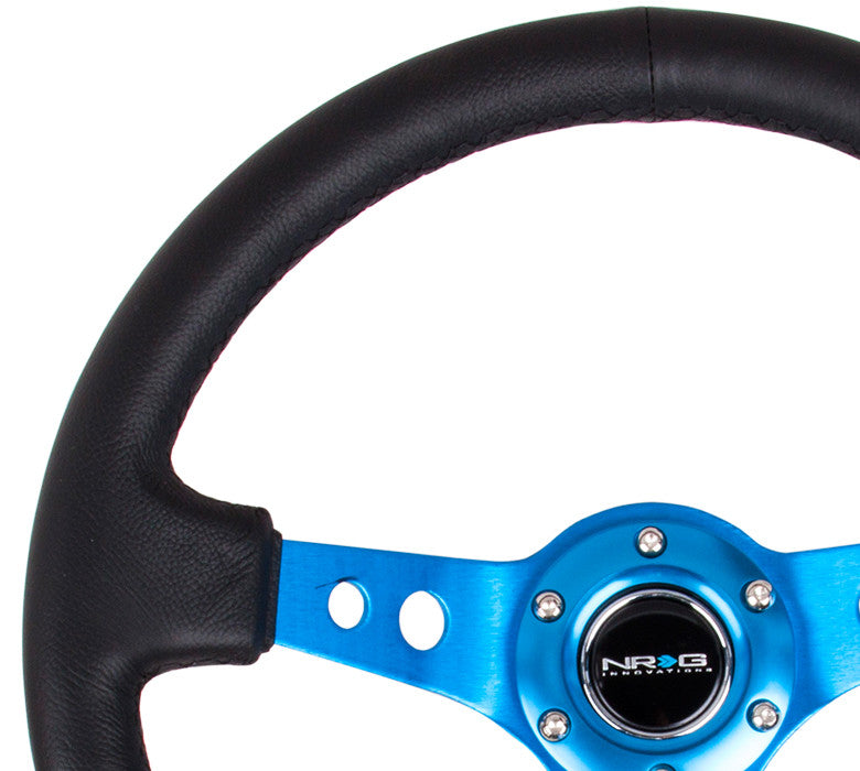 NRG ST-006 Series Steering Wheel (3" Deep) Black Leather, Blue 3 Spoke (350mm)