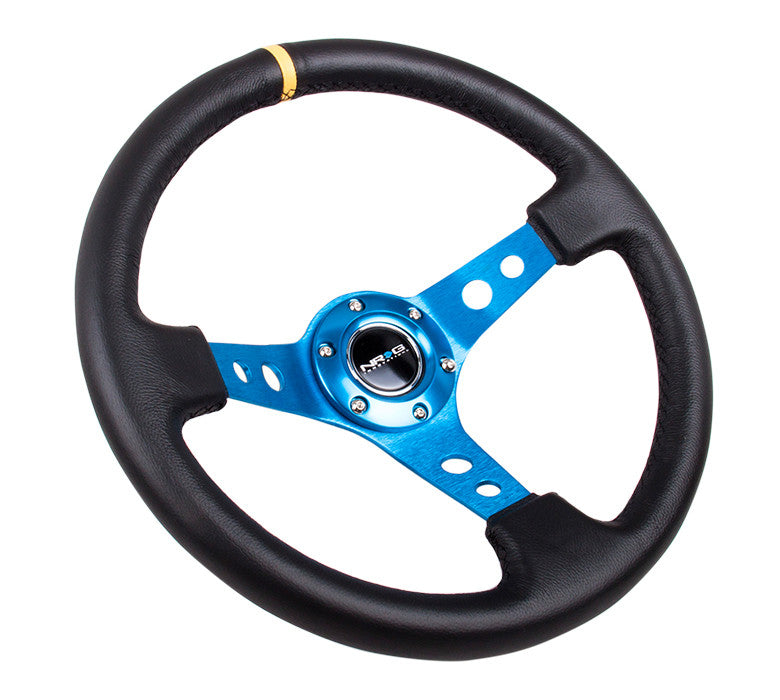 NRG ST-006 Series Steering Wheel (3" Deep) Black Leather, Blue 3 Spoke, Yellow Center Marking (350mm)