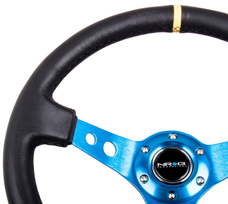 NRG ST-006 Series Steering Wheel (3" Deep) Black Leather, Blue 3 Spoke, Yellow Center Marking (350mm)
