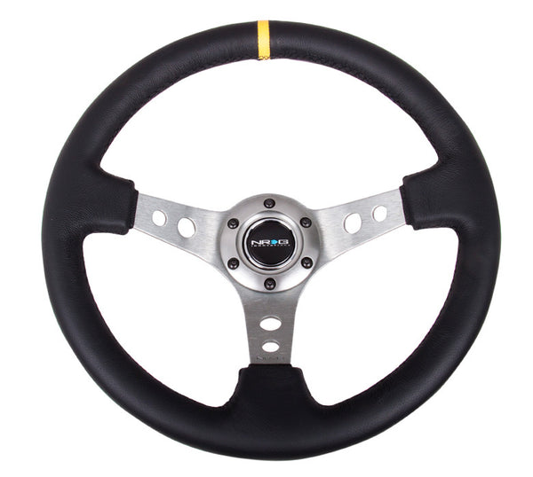 NRG ST-006 Series Steering Wheel (3" Deep) Black Leather, Gun Metal 3 Spoke, Yellow Center Marking (350mm)