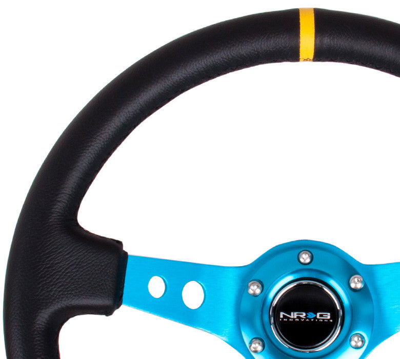 NRG ST-006 Series Steering Wheel (3" Deep) Black Leather, New Blue 3 Spoke, Yellow Center Marking (350mm)