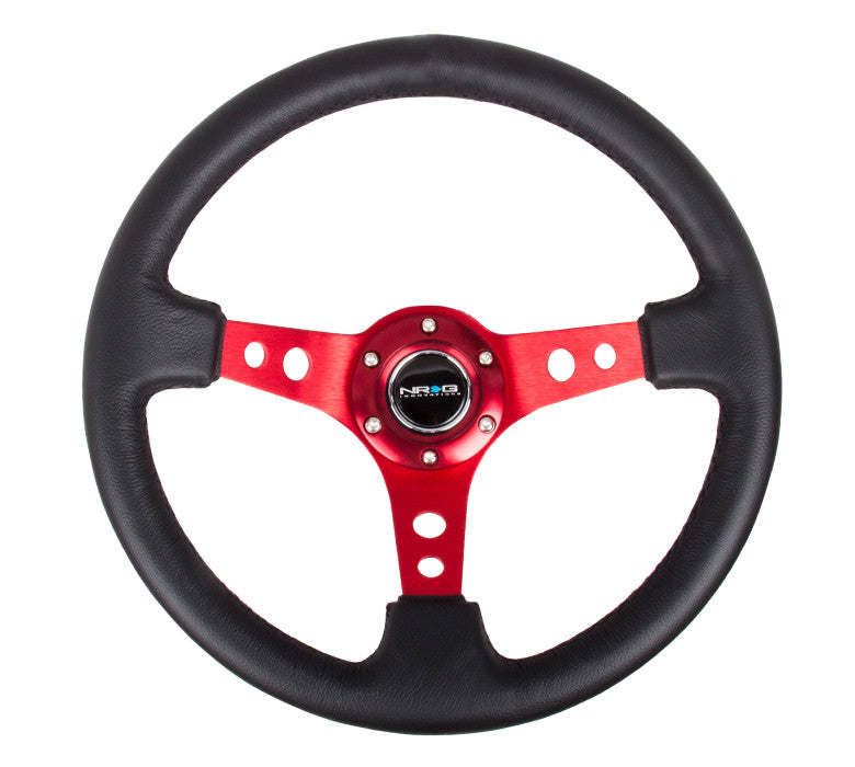 NRG ST-006 Series Steering Wheel (3" Deep) Black Leather, Red 3 Spoke (350mm)