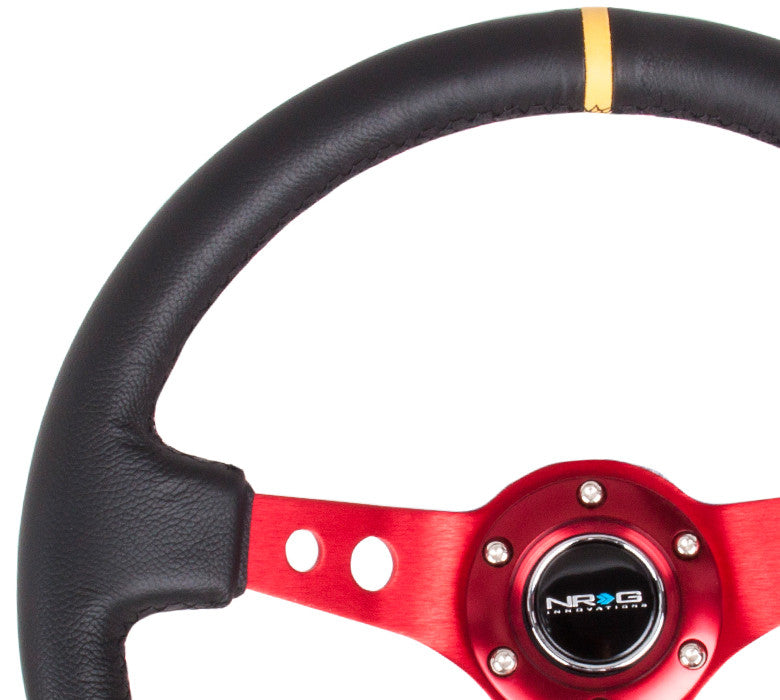 NRG ST-006 Series Steering Wheel (3" Deep) Black Leather, Red 3 Spoke, Yellow Center Marking (350mm)