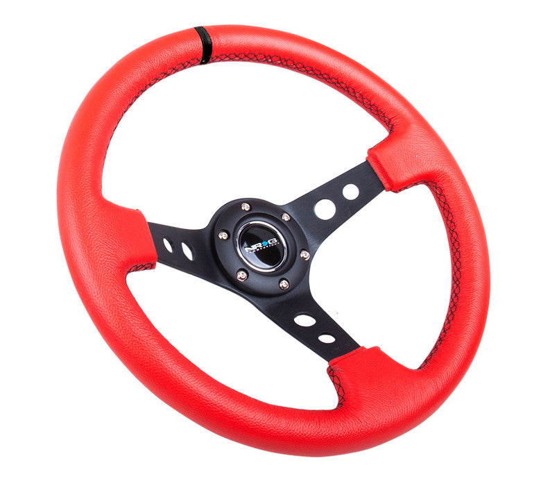 NRG ST-006 Series Steering Wheel (3" Deep) Red Leather, Black Stitching, Black 3 Spoke, Black Center Marking (350mm)