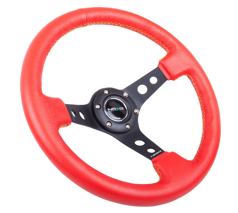 NRG ST-006 Series Steering Wheel (3" Deep) Red Leather, Yellow Stitching, Black 3 Spoke (350mm)