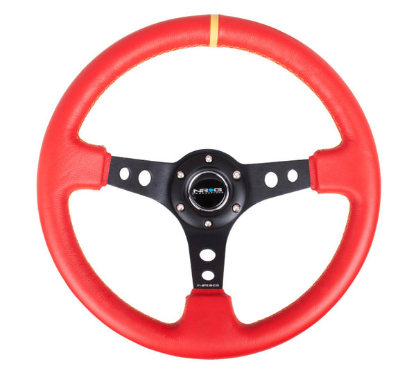 NRG ST-006 Series Steering Wheel (3" Deep) Red Leather, Yellow Stitching, Black 3 Spoke, Yellow Center Marking (350mm)