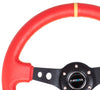 NRG ST-006 Series Steering Wheel (3" Deep) Red Leather, Yellow Stitching, Black 3 Spoke, Yellow Center Marking (350mm)