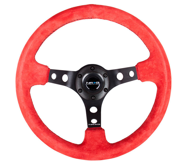 NRG ST-006 Series Steering Wheel (3" Deep) Red Suede, Black Stitching, Black 3 Spoke (350mm)
