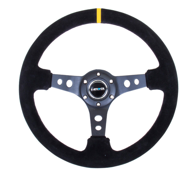 NRG ST-006 Series Steering Wheel (3" Deep) Black Suede, Black 3 Spoke, Yellow Center Marking (350mm)
