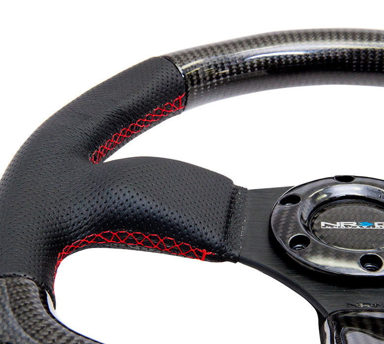 NRG Carbon Fiber Series Steering Wheel Carbon Fiber/Air Leather with Red Stitching (320mm) Flat Bottom