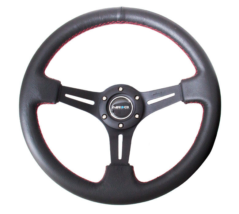 NRG Deep Dish Series Steering Wheel (3" Deep) Black Leather, Red Stitching (350mm)