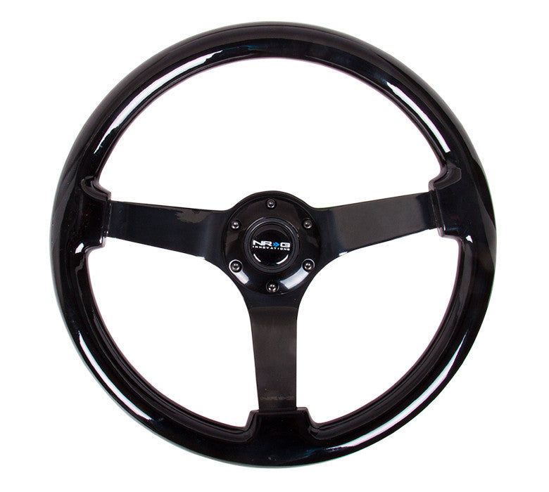 NRG Deep Dish Series Steering Wheel (3" Deep) Black Wood Grain, Black 3 Spoke Center (350mm)