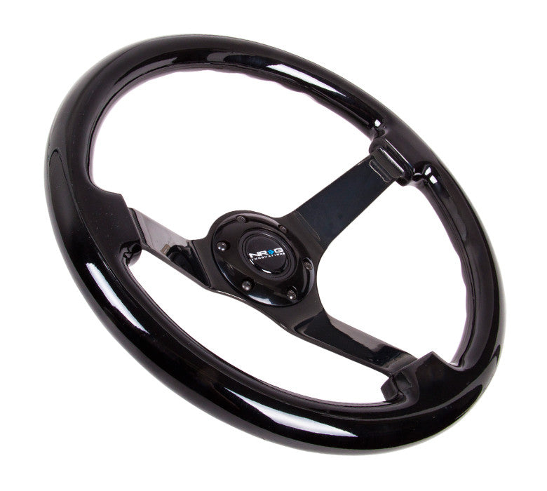 NRG Deep Dish Series Steering Wheel (3" Deep) Black Wood Grain, Black 3 Spoke Center (350mm)