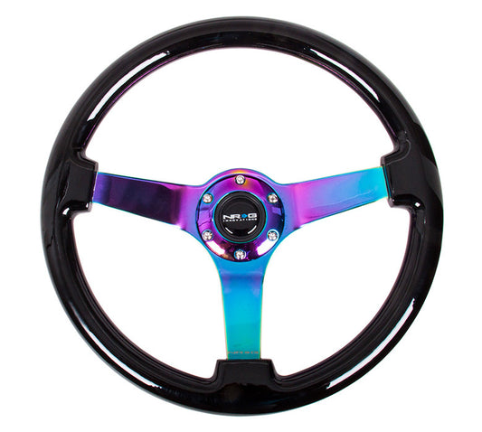 NRG Deep Dish Series Steering Wheel (3" Deep) Black Wood Grain, Neo Chrome 3 Spoke Center (350mm)