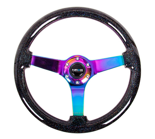 NRG Deep Dish Series Steering Wheel (3" Deep) Black Sparkled Wood Grain, Neo Chrome 3 Spoke Center (350mm)