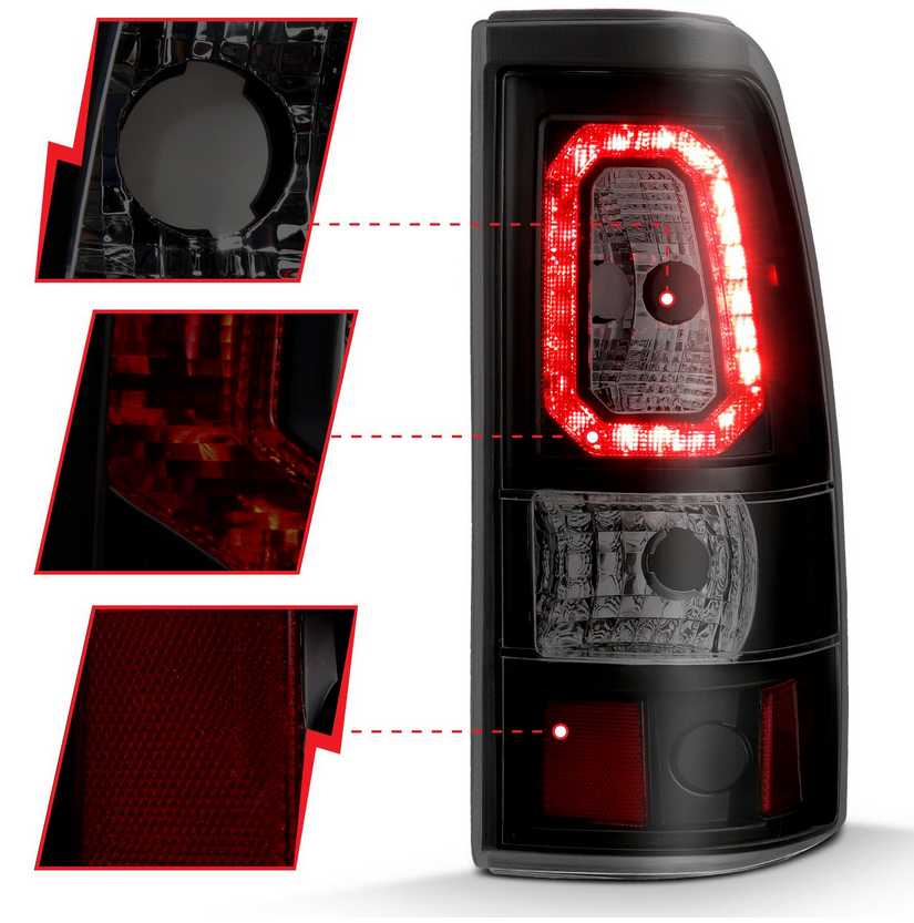 Anzo 2003-2006 Chevy Silverado 1500-2500-3500 SINGLE REAR WHEEL LED TAIL LIGHTS PLANK STYLE IN BLACK HOUSING WITH SMOKE LENS (DOES NOT FIT DUALLY MODELS)
