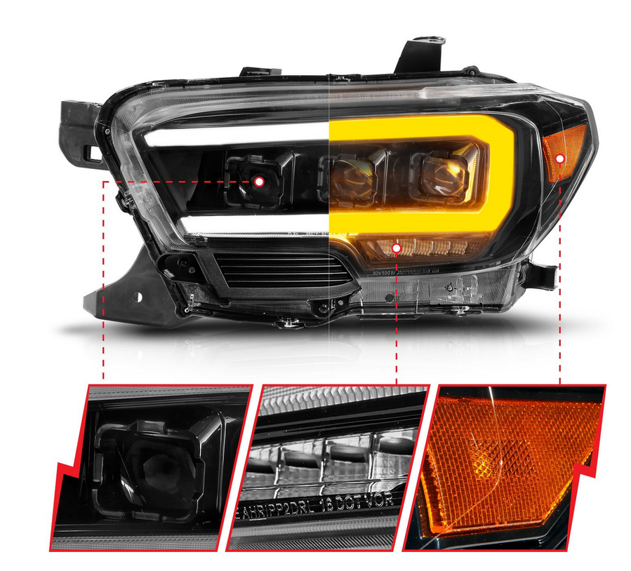 2016-2022 Toyota Tacoma Black Full LED Projector Plank Style Headlights w/ Initiation Feature & Sequential