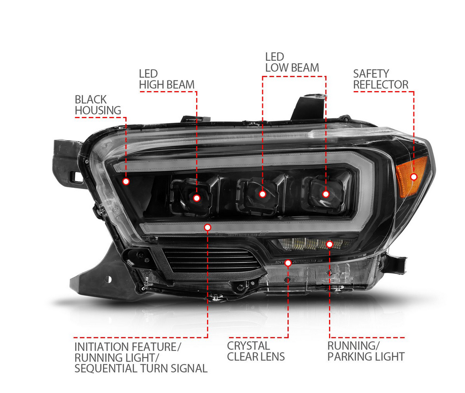 Anzo 2016-2023 Toyota Tacoma Black Full LED Projector Plank Style Headlights w/ Initiation Feature & Sequential