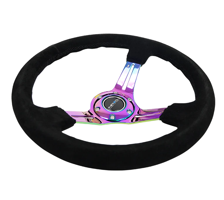 NRG Reinforced Steering Wheel (350mm / 3in. Deep) Blk Suede/Blk Stitch w/Neochrome Slits
