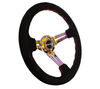 NRG Reinforced Steering Wheel (350mm / 3in. Deep) Blk Suede/Red Stitch w/Neochrome Slits