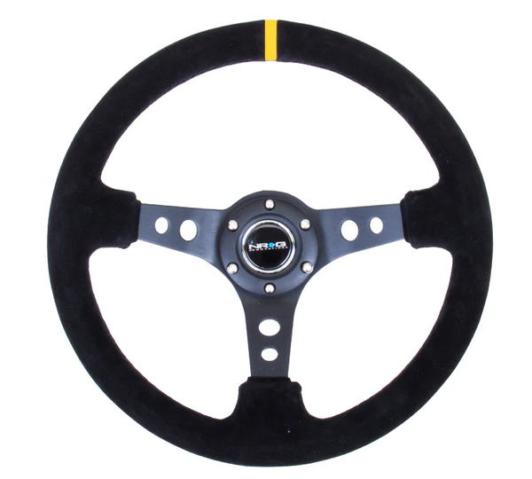 NRG Reinforced Steering Wheel (350mm / 3in. Deep) Blk Suede w/Circle Cut Spokes & Single Yellow Center Mark