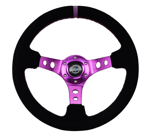 NRG Reinforced Steering Wheel (350mm / 3in. Deep) Black Suede w/Purple Center & Purple Stitching
